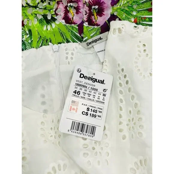 Desigual Shift Dress Size 12 EU 46 White Eyelet Denver Floral Design - Picture 8 of 8